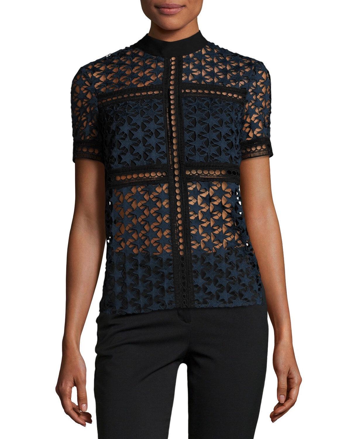 Navy Blue Star Lace Short Sleeved Blouse