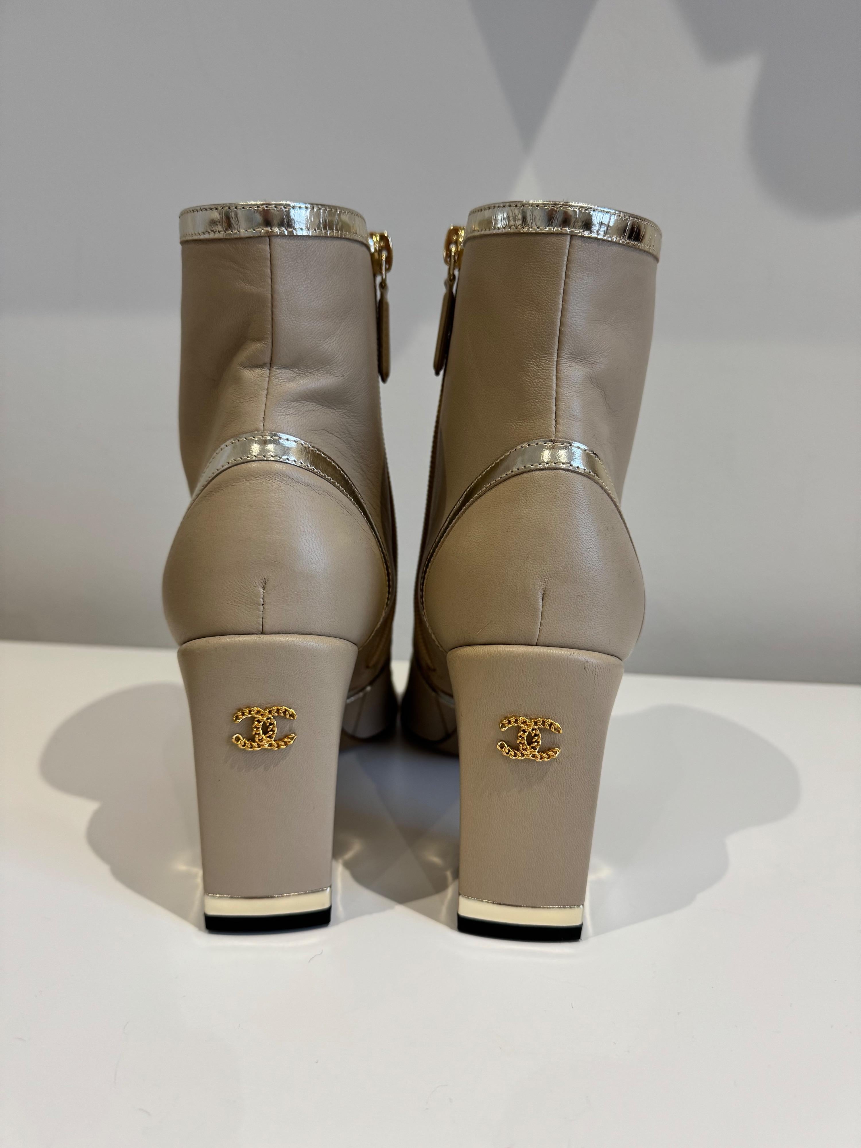 Beige Leather Heeled Boots with Silver Trim