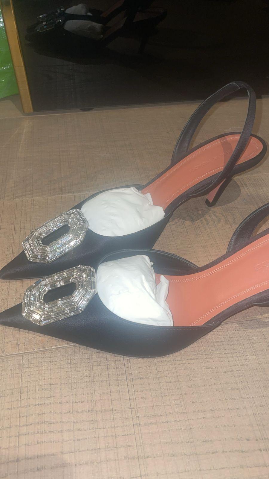 Amina Muaddi Black Satin Camelia Sling Back