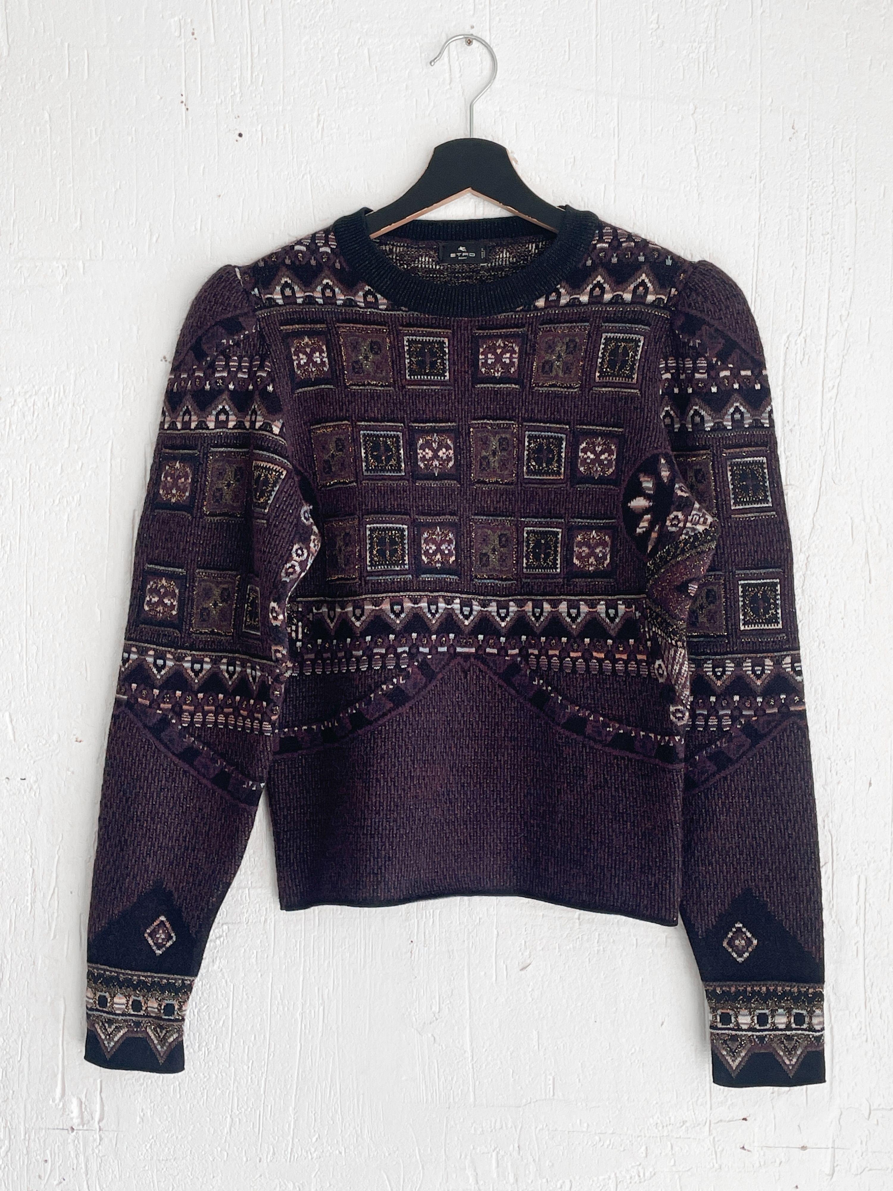 Etro Purple Patchwork Jacquard Wool Jumper