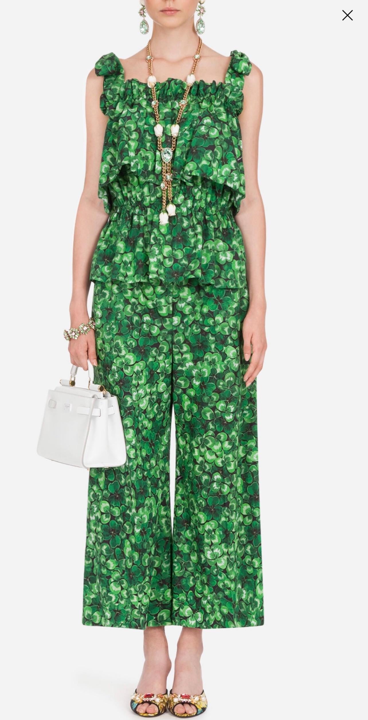 Green clover print cotton trousers
