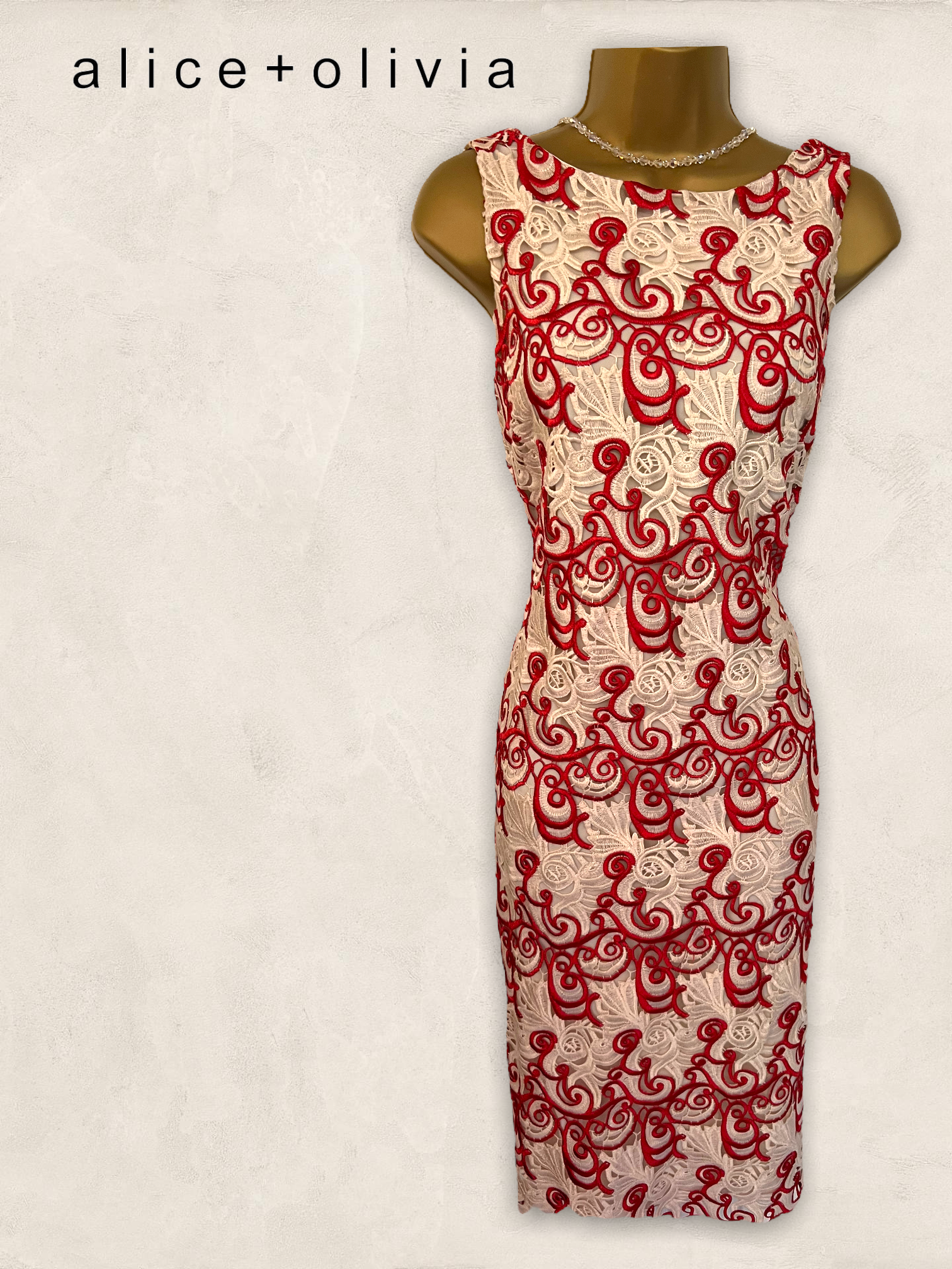Red & white guipure lace low-back dress
