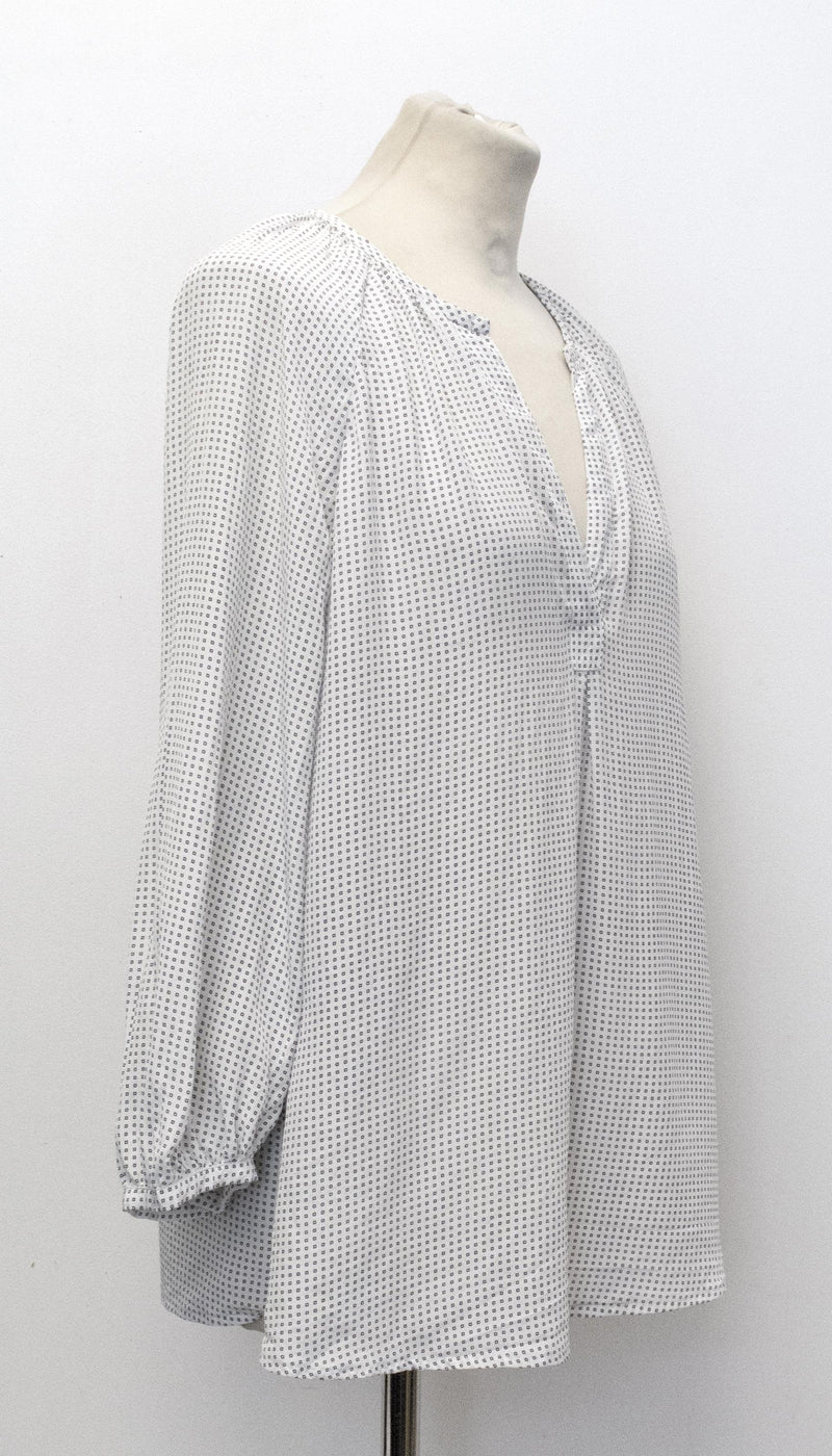 Joie Off-White Silk Blouse with Blue Square Print
