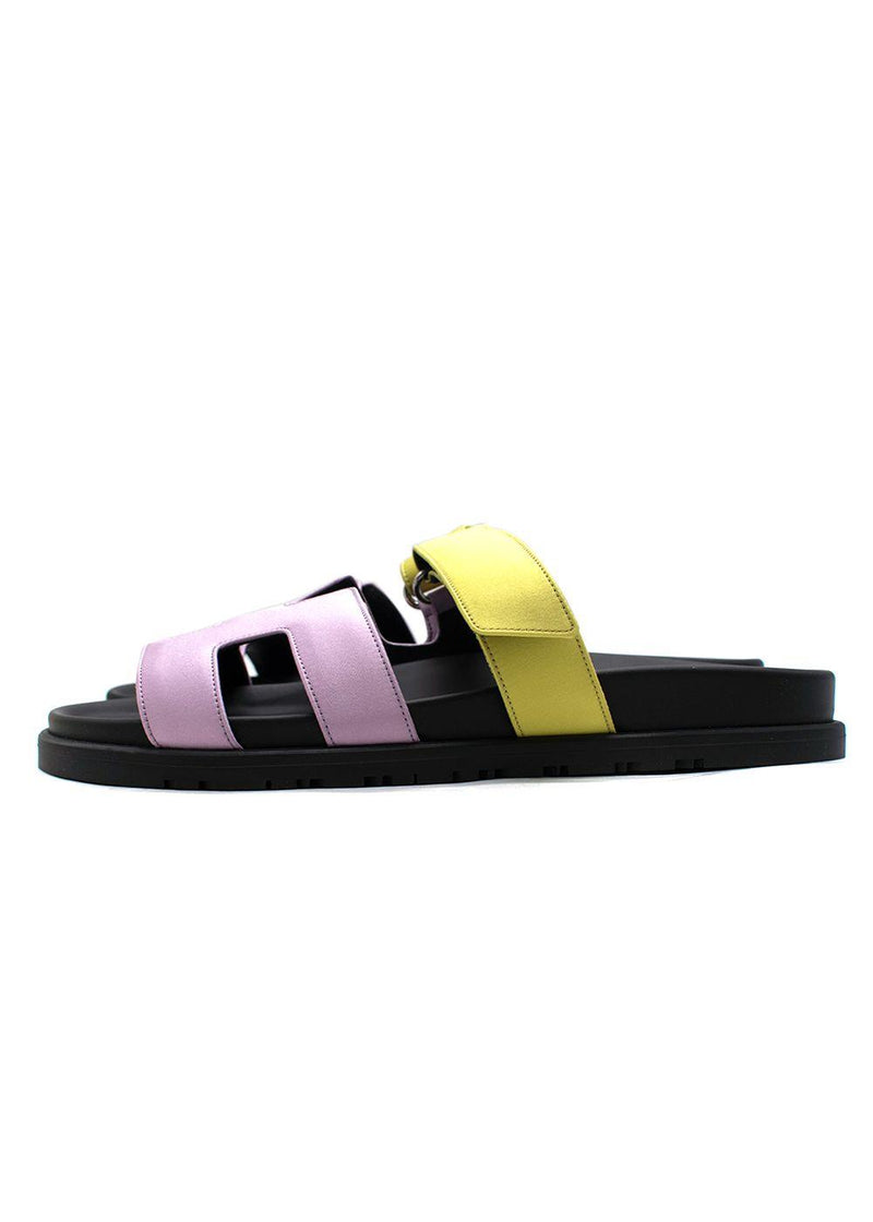 Hermès Violet Petale and Vert Lime Satin Chypre Sandals
