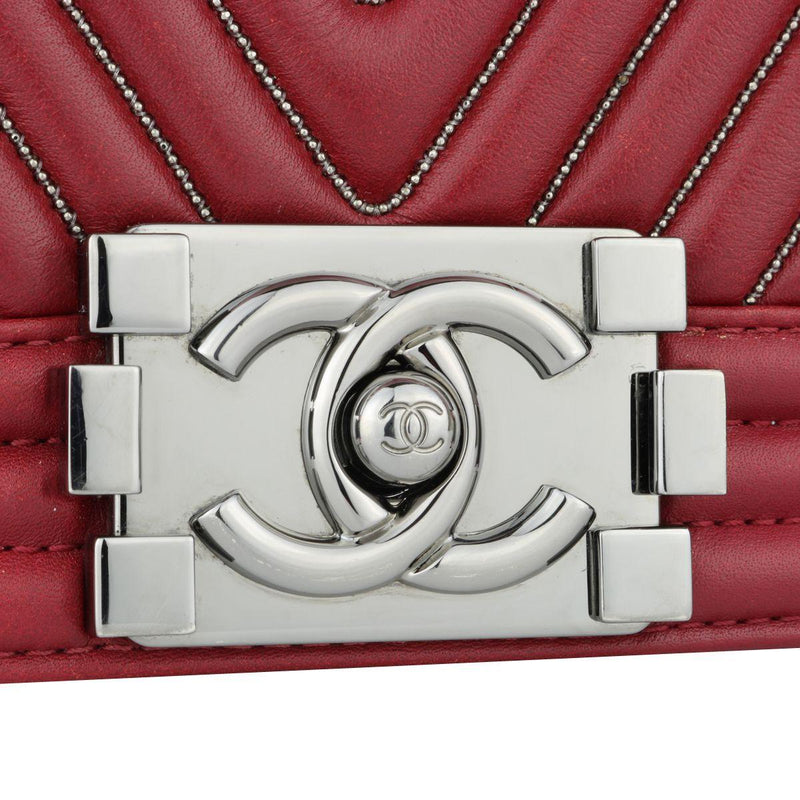 Dark Red Chain-trimmed Chevron Boy Bag