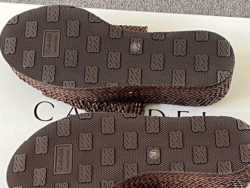 Casadei Brown Woven Leather Platform Slides
