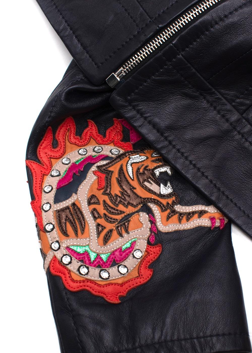 Roberto Cavalli Black Embellished Leather Trucker Jacket