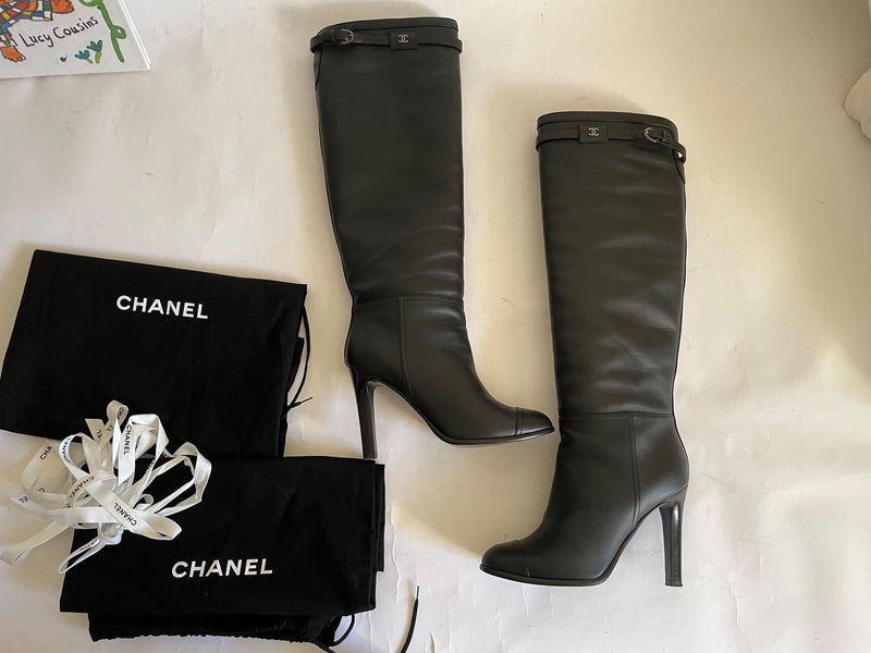 Black Leather CC Heeled Knee High Boots