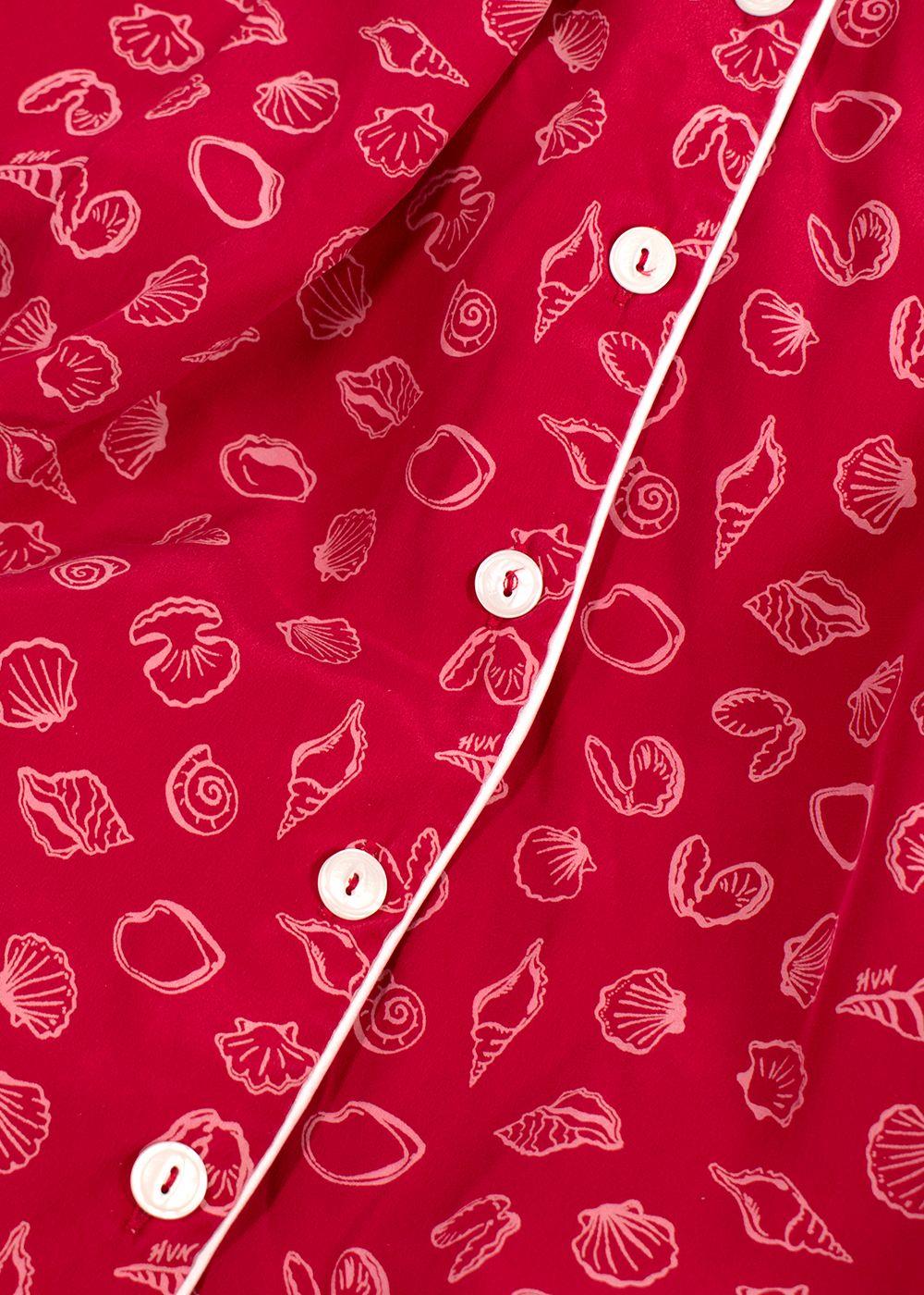 HVN Red Shell Print Silk Shirt Dress