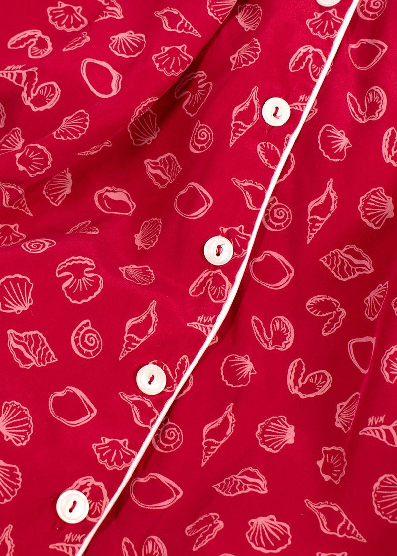 HVN Red Shell Print Silk Shirt Dress
