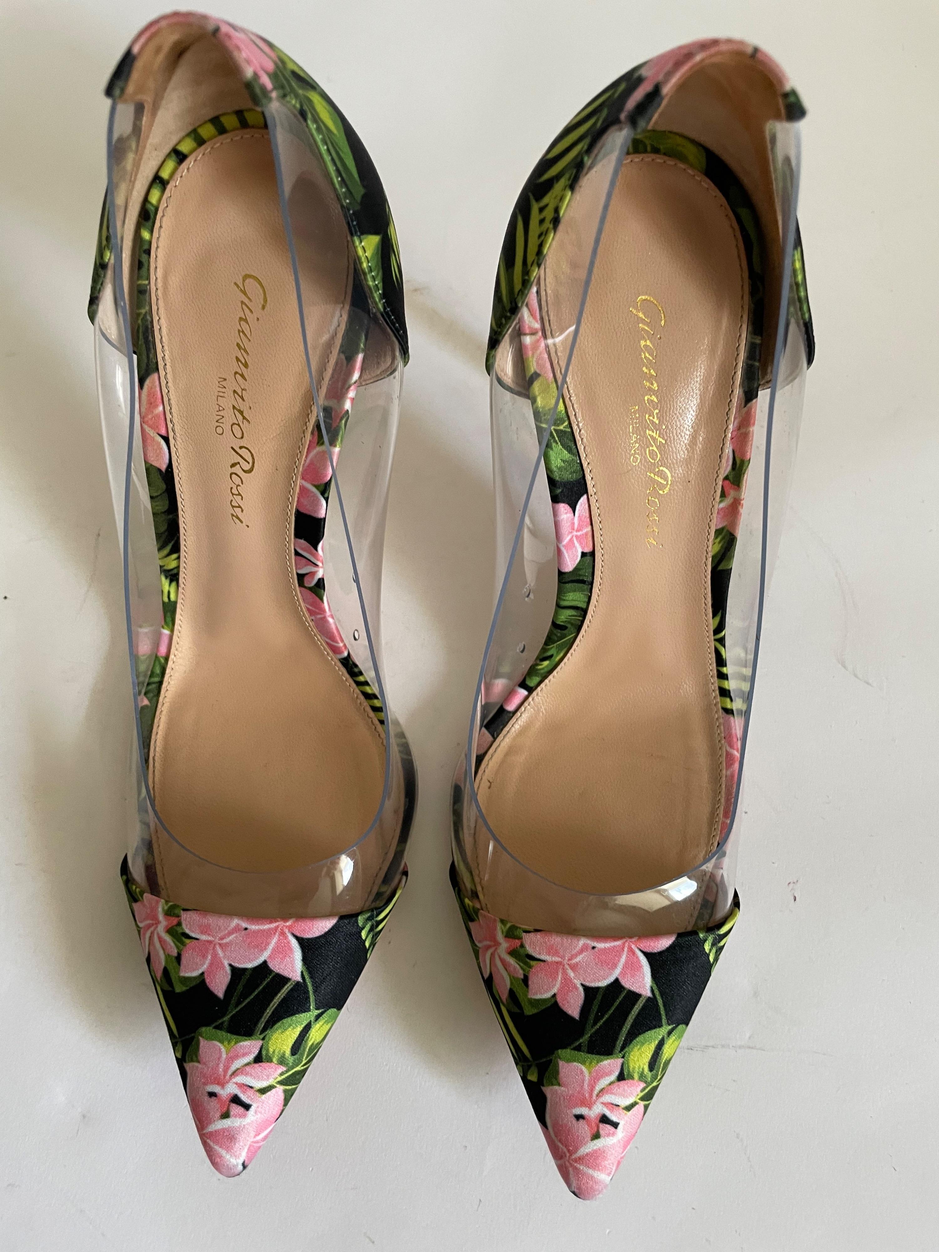 floral satin & PVC Plexi heeled pumps