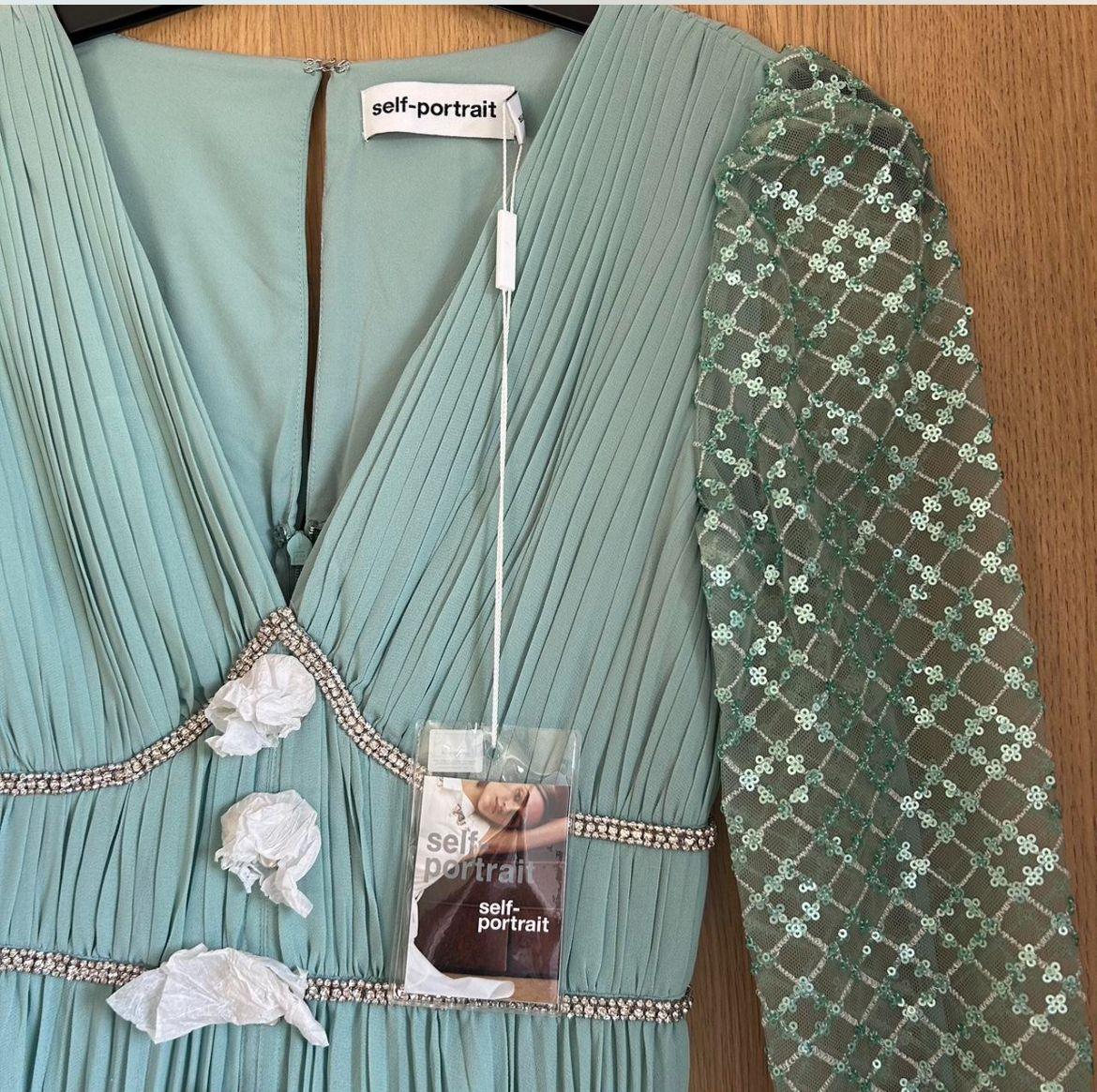 Self Portrait Green Embellished Maxi Dress