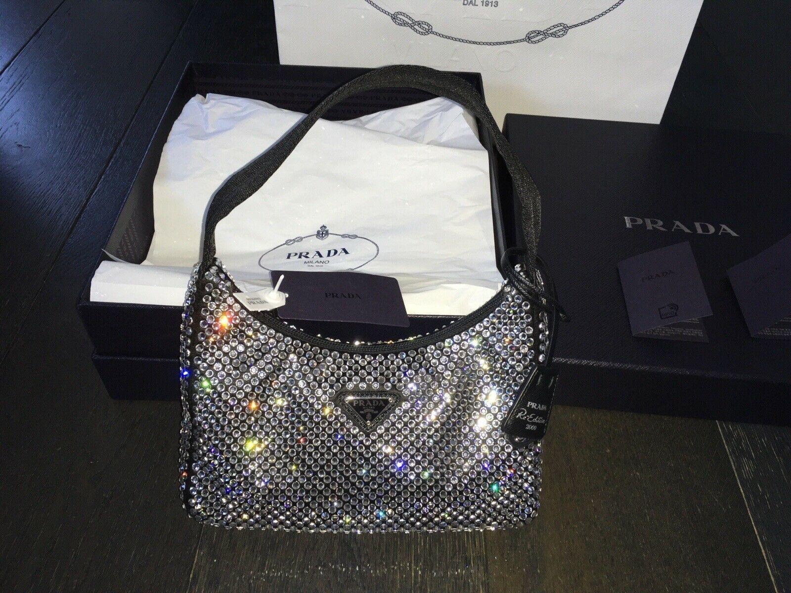 Black Satin Crystal Embellished Re-Edition 2000 Mini Bag