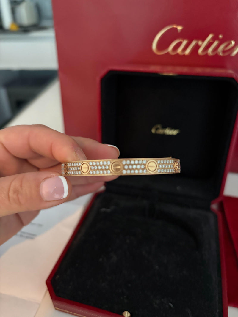 Cartier Full Pave Set Diamond Rose Gold Love Bracelet 17 with box and receipt
