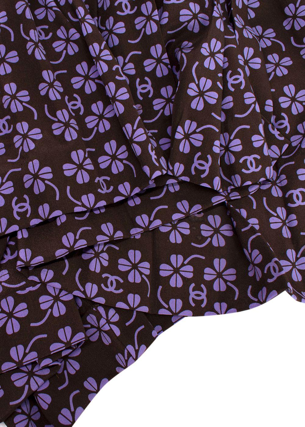 Purple & Black Clover Print Pleated Silk Skirt