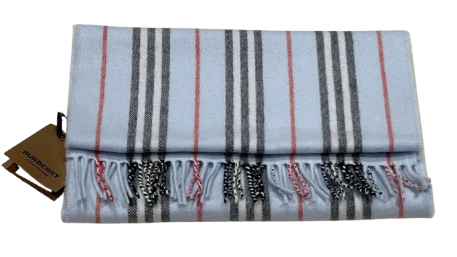 Burberry Blue Cashmere Blend Striped Scarf