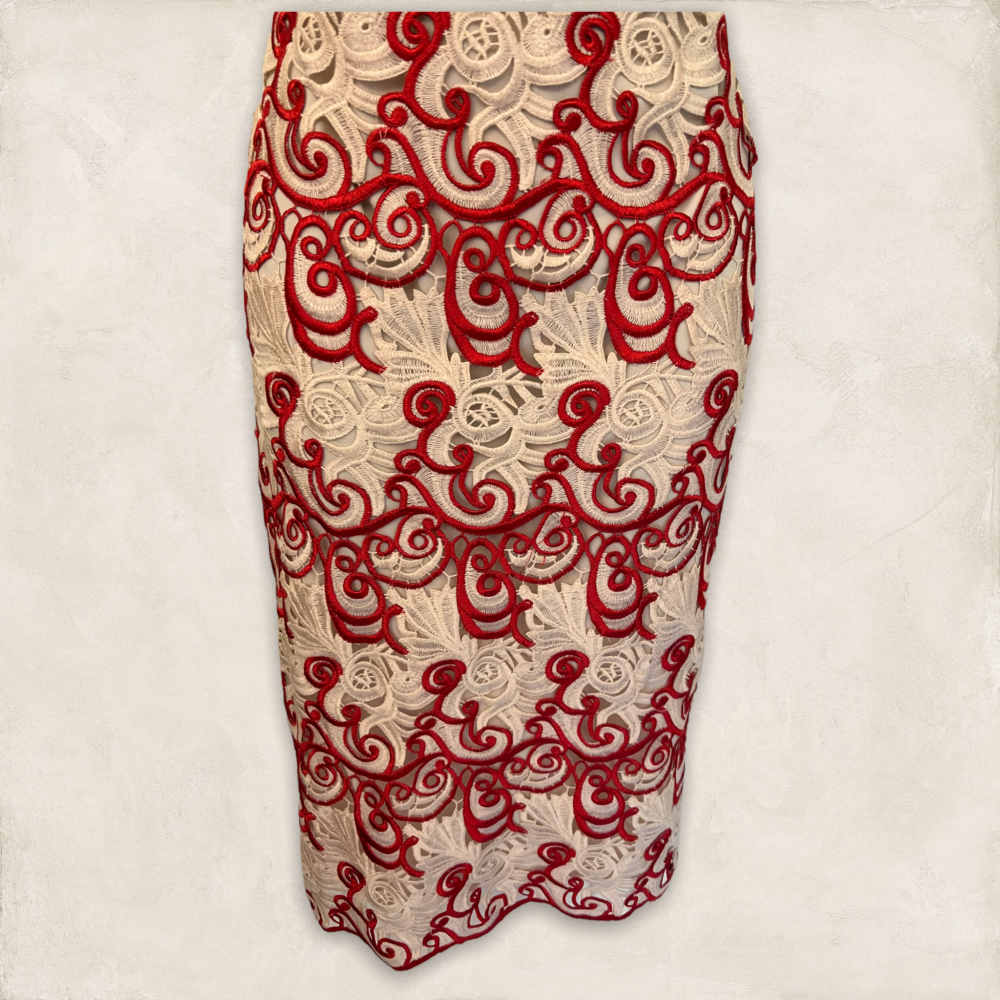 Red & white guipure lace low-back dress