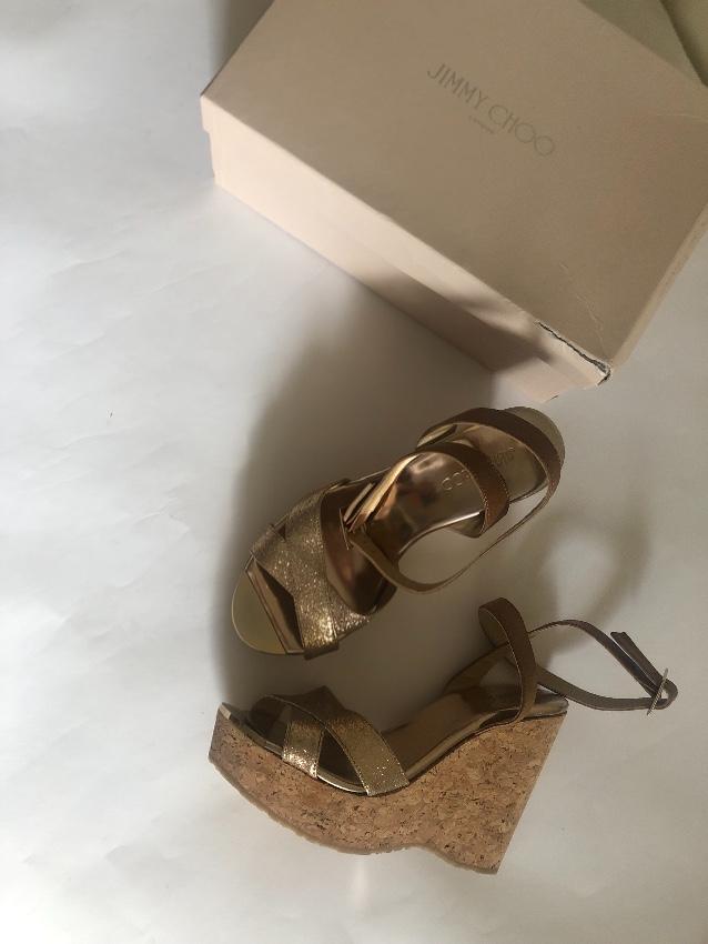 Jimmy Choo Gold Crossover Leather Wedges