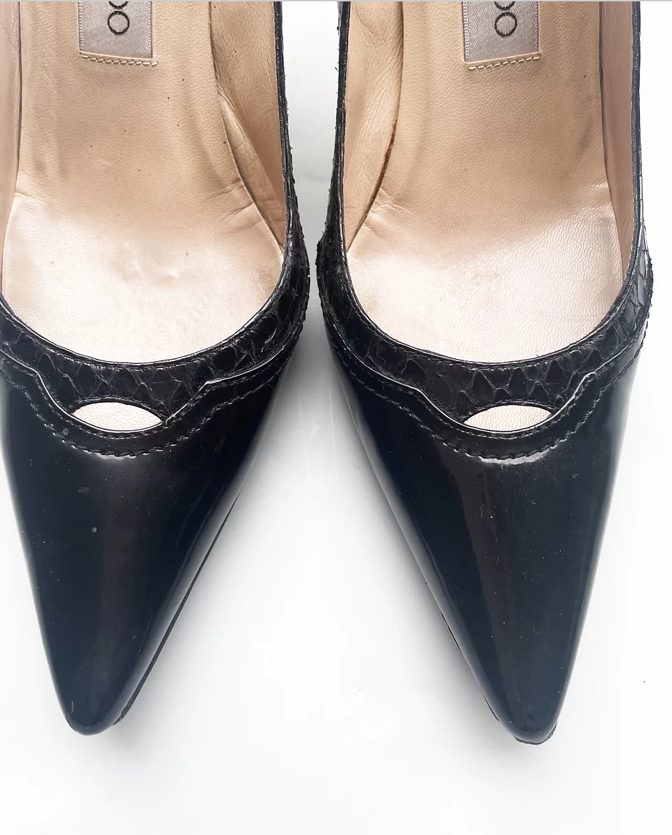 Black patent & snakeskin heeled pumps