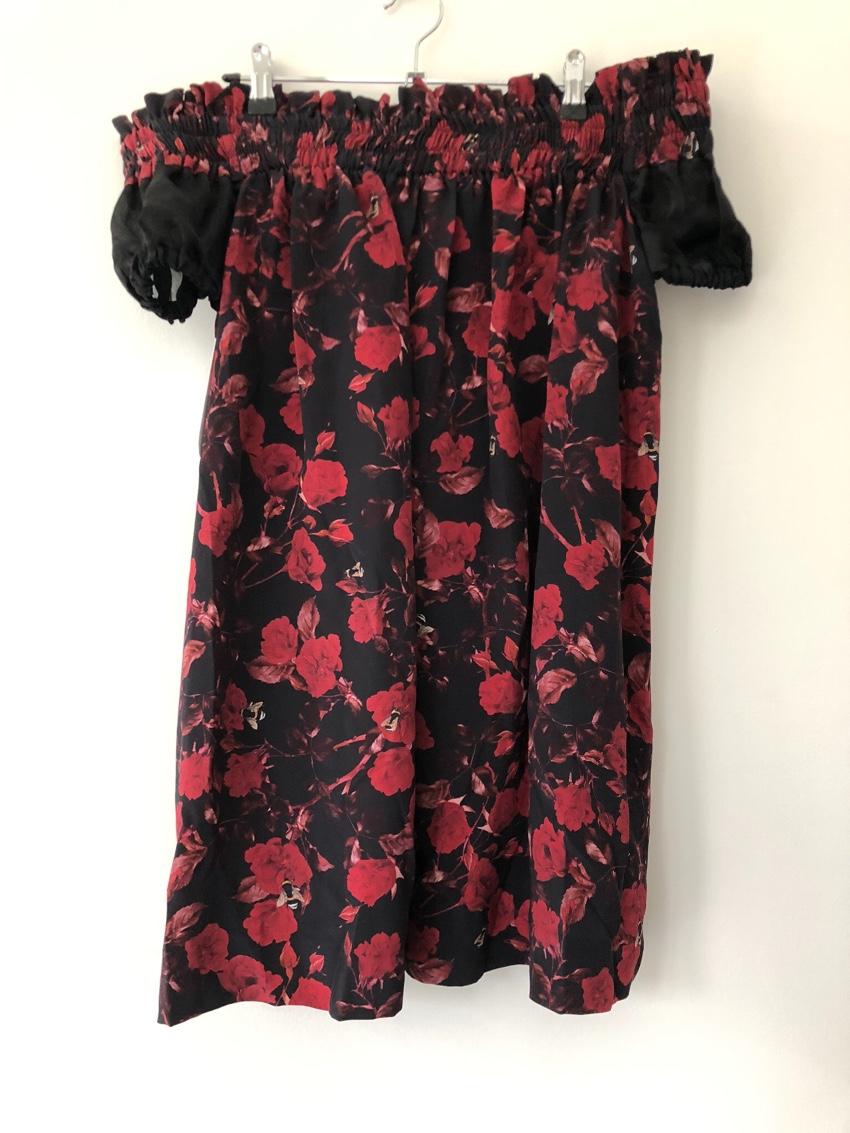 Mother of Pearl Silk-Satin Off-the-Shoulder Rose-Print Dress