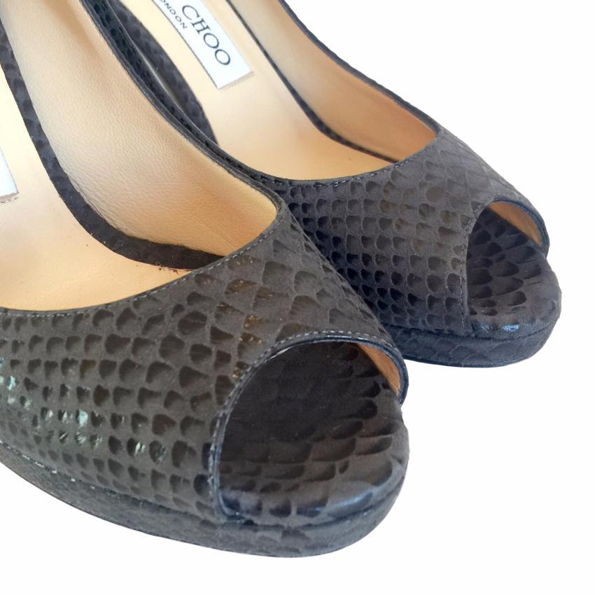 Jimmy Choo Gray Snakeskin Peep Toes Platform Heels