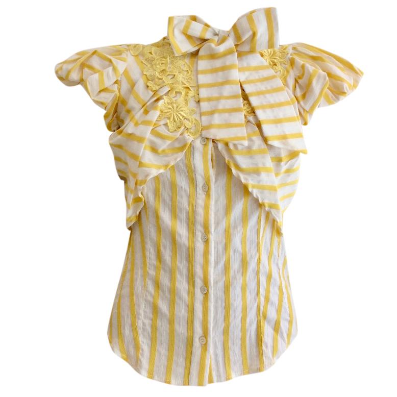 Gaetano Navarra Yellow and White Stripe Pussy Bow Blouse