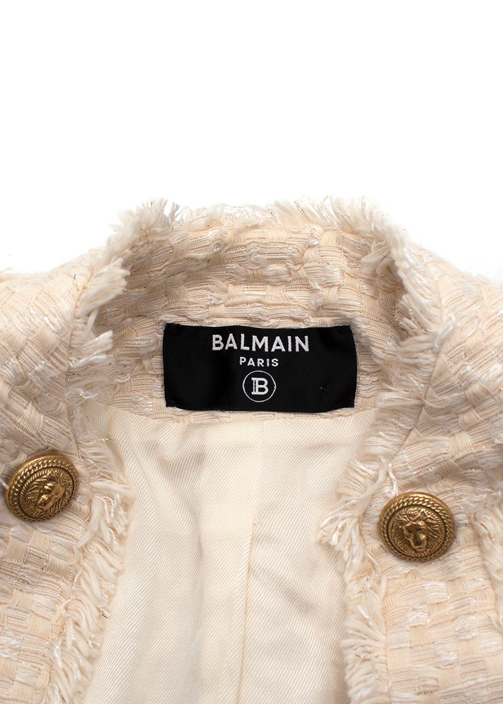 Balmain Cream Woven Open Front Jacket with Gold Button Detail