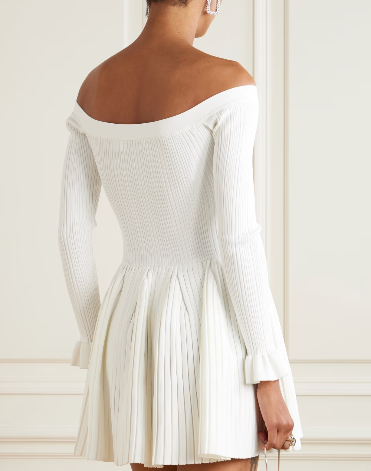 Self-Portrait Off-The-Shoulder Pleated Ribbed-Knit Mini Dress