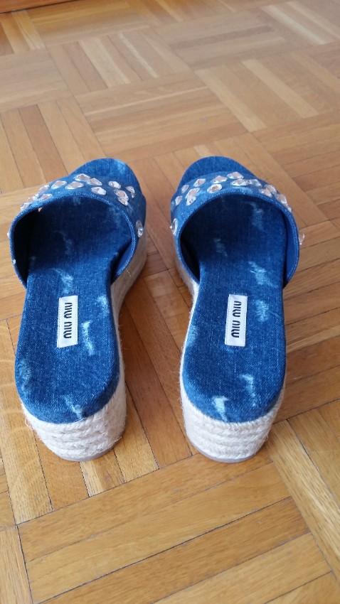 Miu Miu Crystal Embellished Distressed Denim Platform Mules