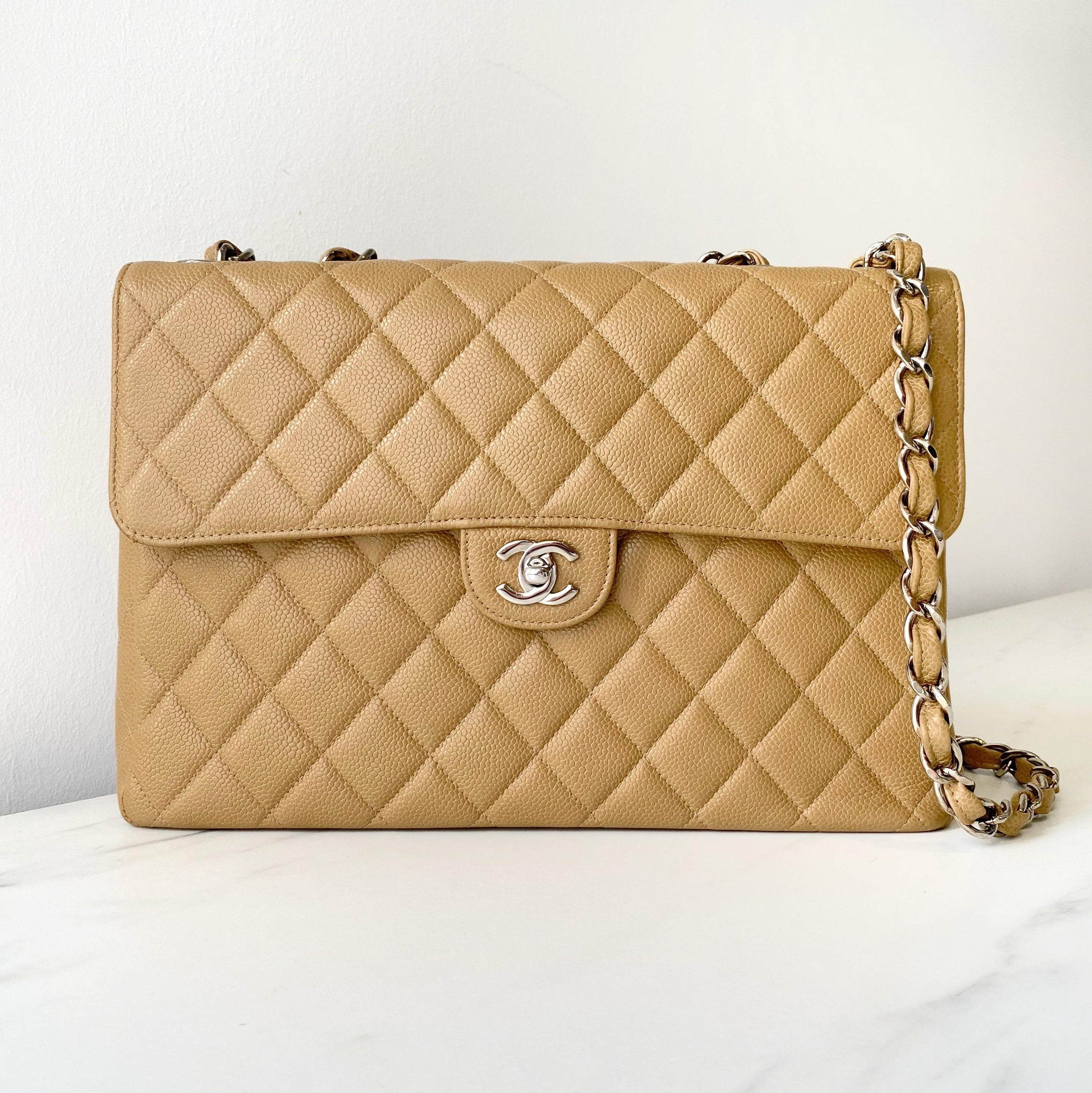 Chanel Beige Caviar Leather Quilted Jumbo Flap Bag