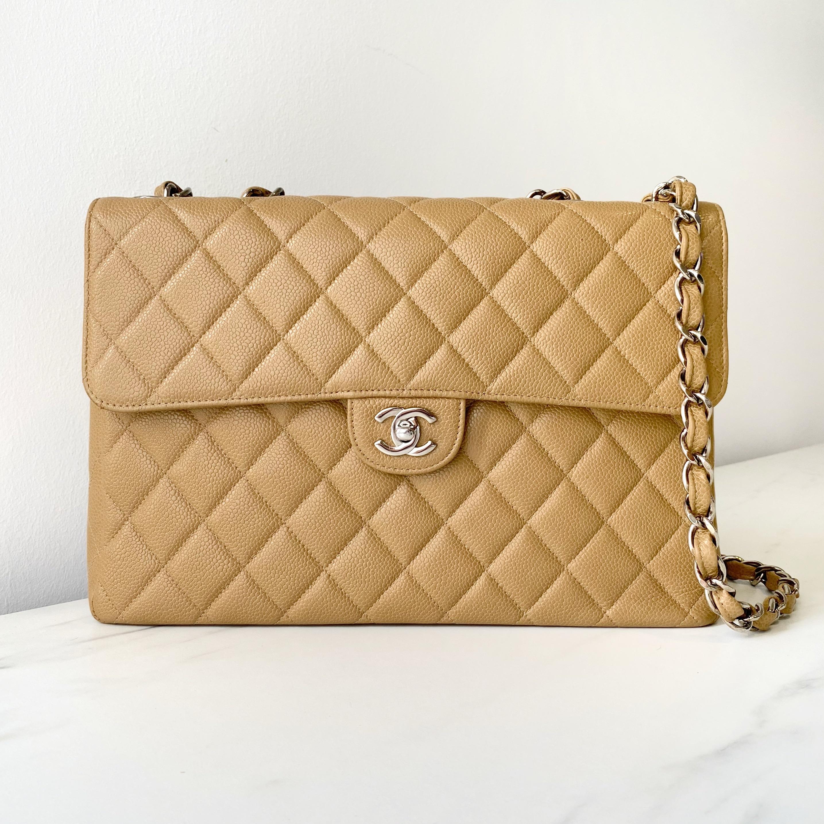 Chanel Beige Caviar Leather Quilted Jumbo Flap Bag