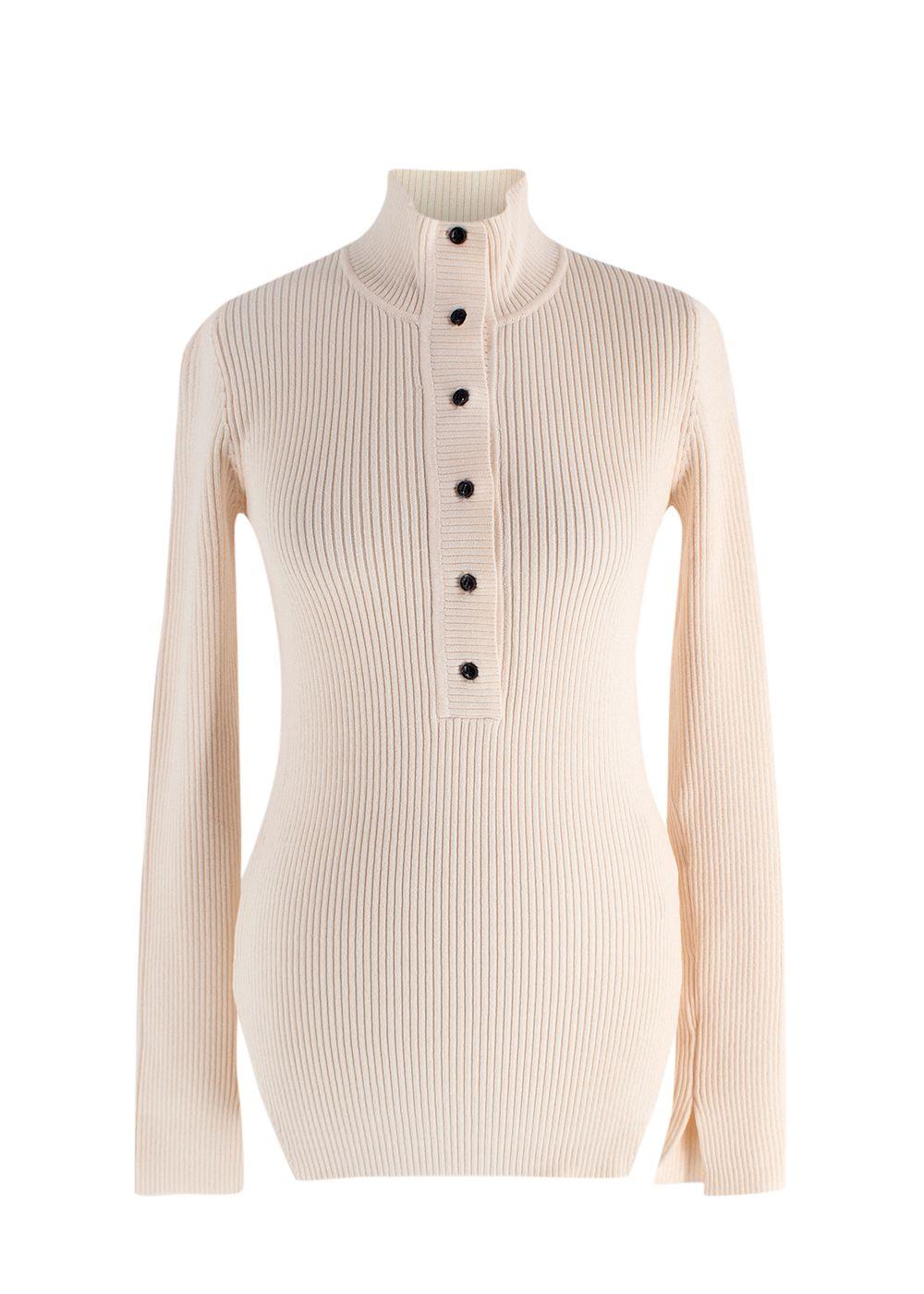 Ganni Cream Ribbed Melange Polo Knit Top