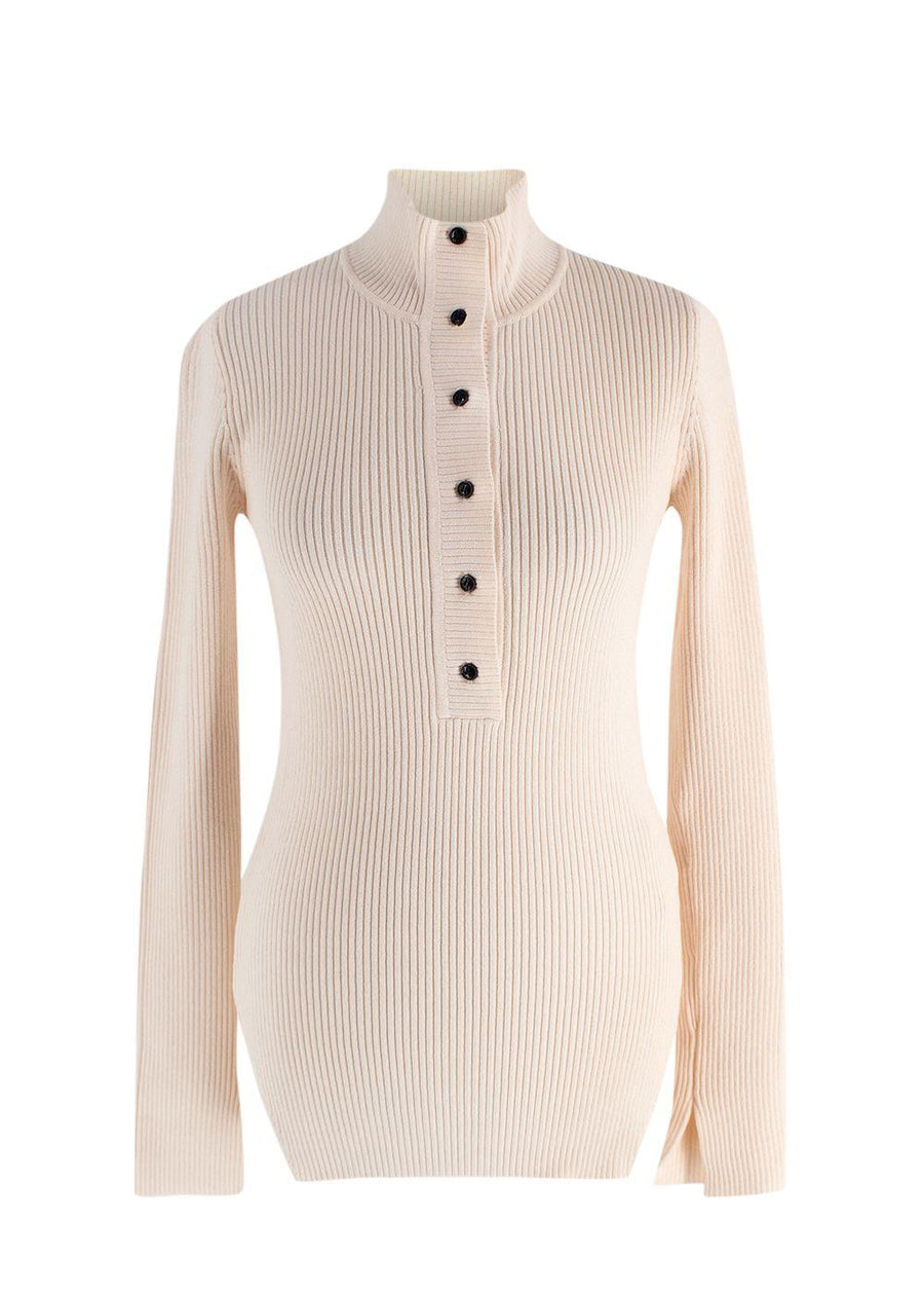 Ganni Cream Ribbed Melange Polo Knit Top