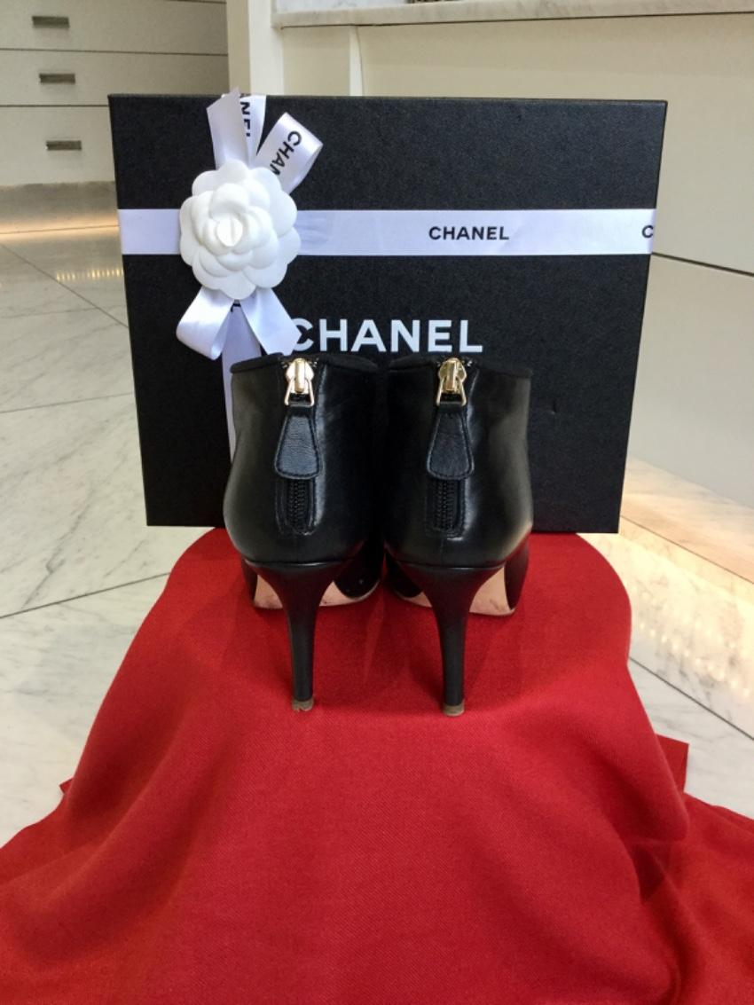 Chanel Black Patent Cap Toe Leather Ankle Boots