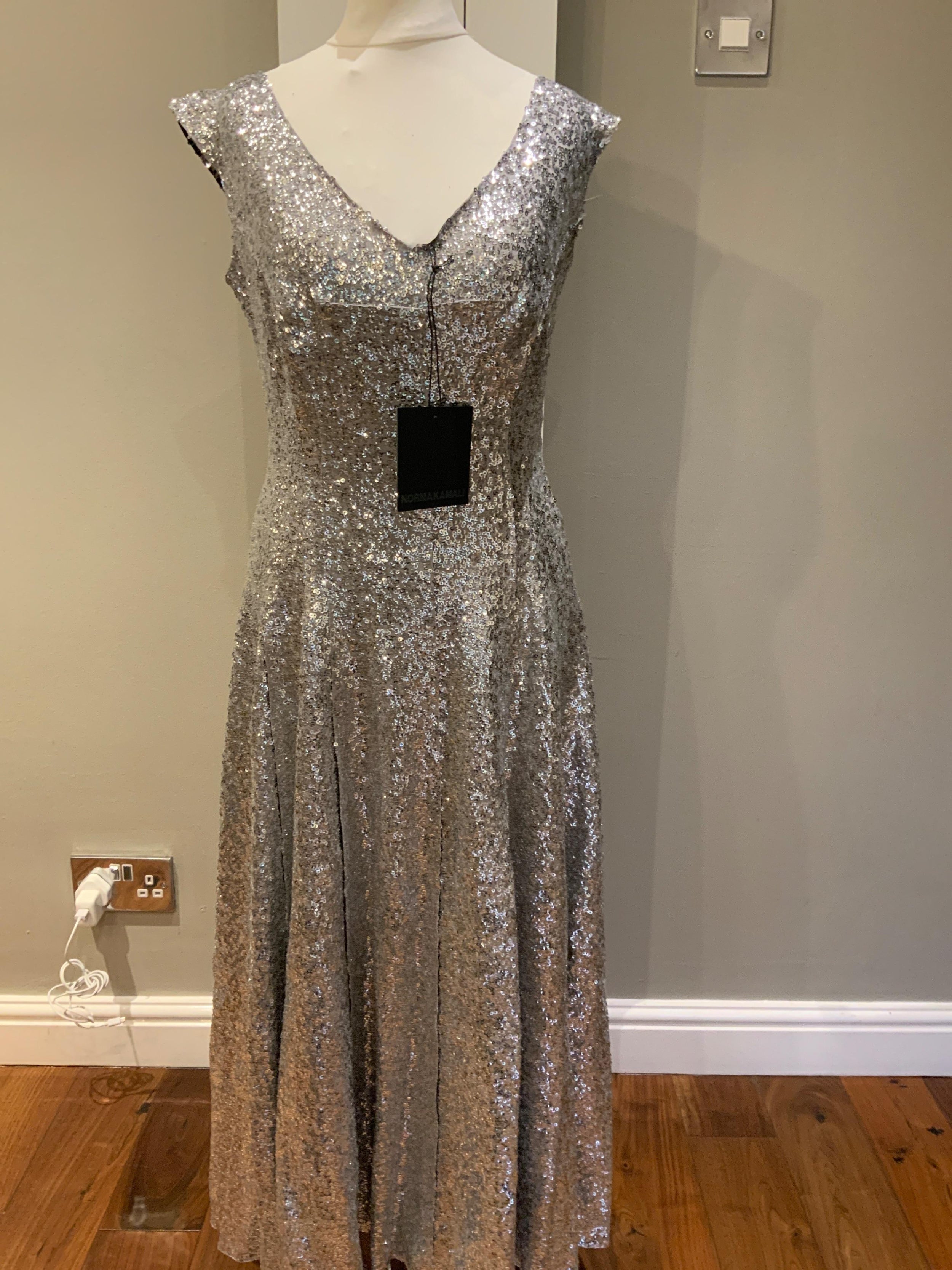Norma Kamali Silver Sequin Overlapping Grace Dress