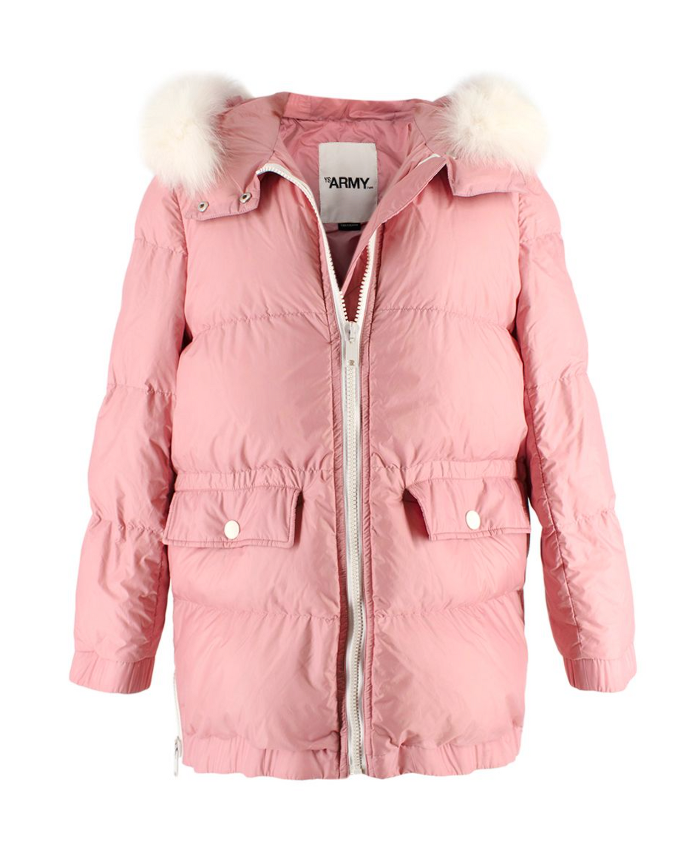 Yves Salomon Army Pink Puffer Jacket with White Fur Trim