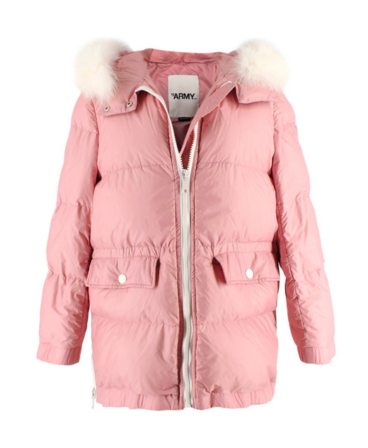 Yves Salomon Army Pink Puffer Jacket with White Fur Trim
