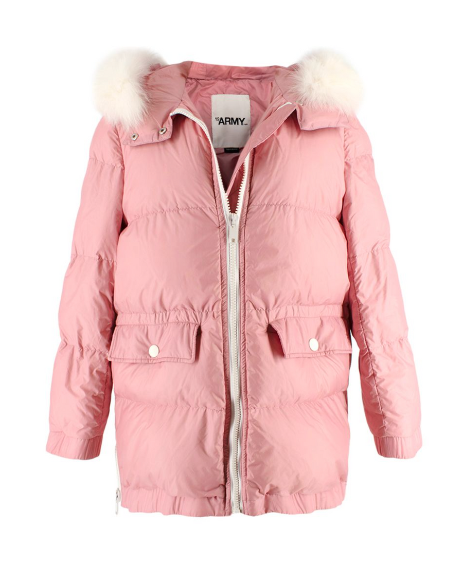 Yves Salomon Army Pink Puffer Jacket with White Fur Trim