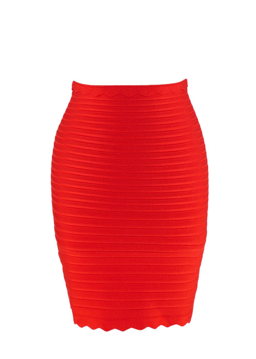 Red Stretch Knit Bandage Skirt with Scalloped Hem