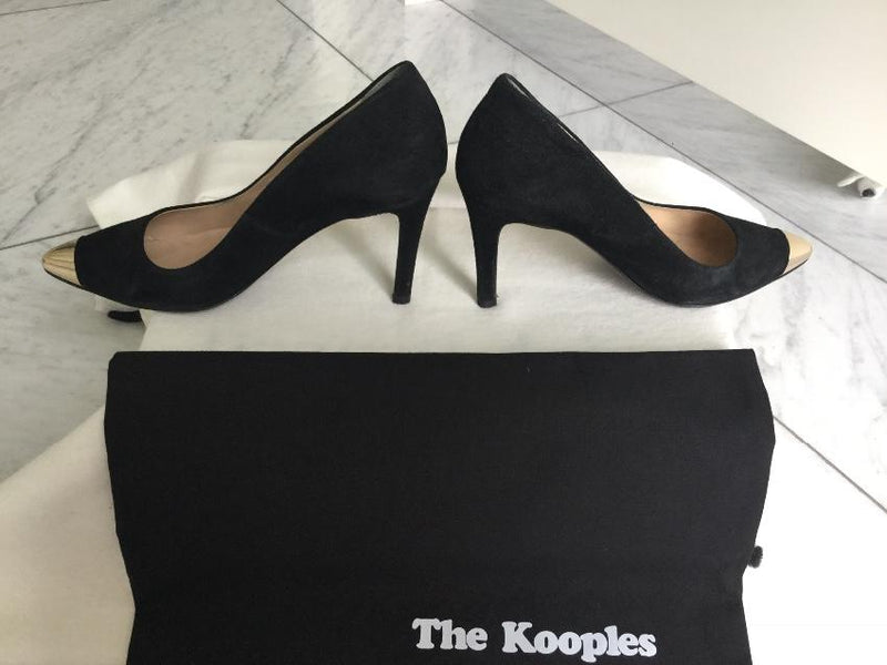 The Kooples Black Suede Gold Cap-Toe Pumps