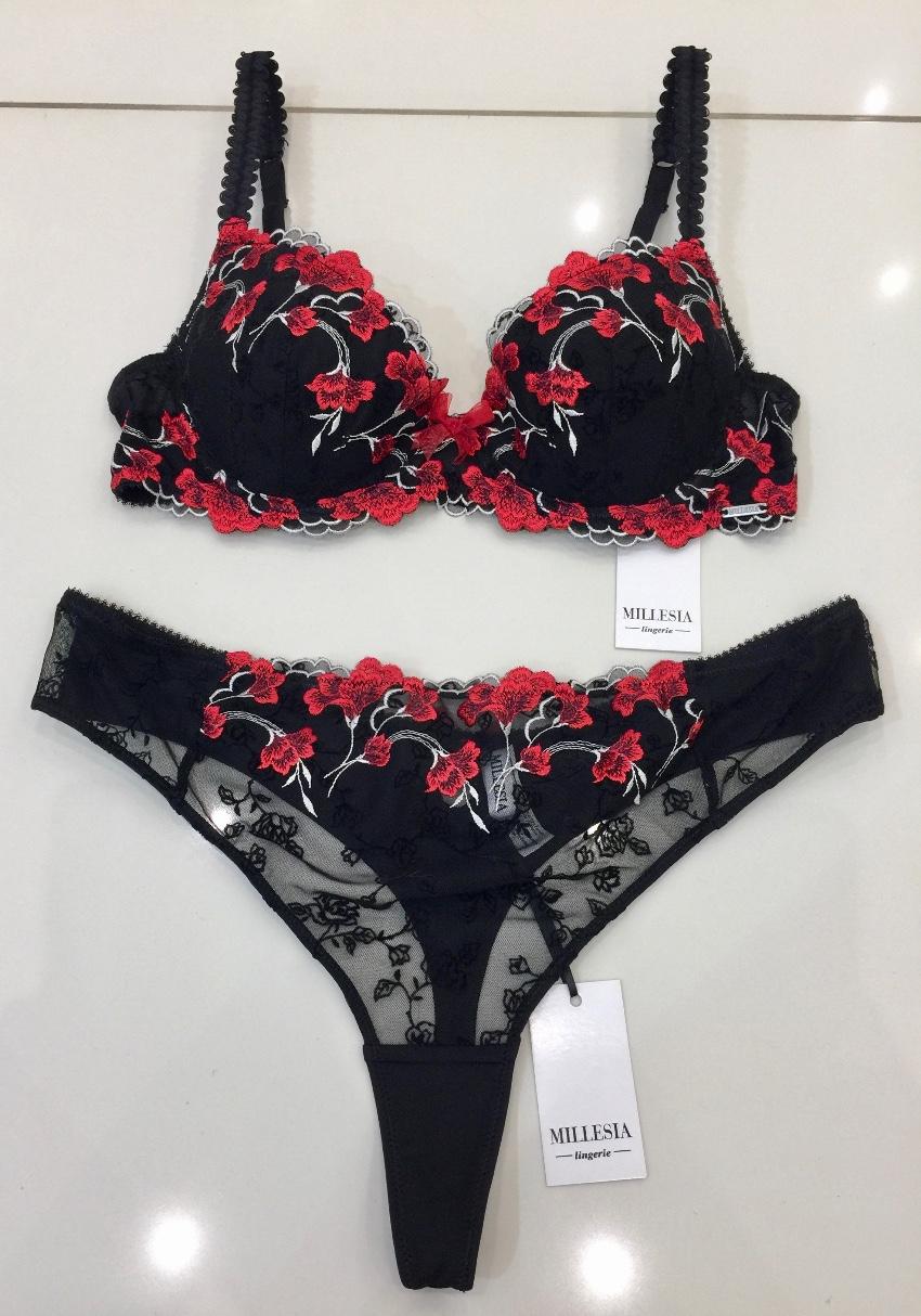 Millesia Embroidered Flowers Red & Black Padded Bra & Thong Set