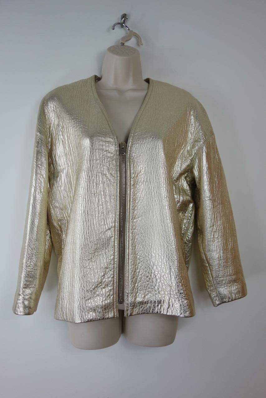 Metallic gold leather collarless jacket