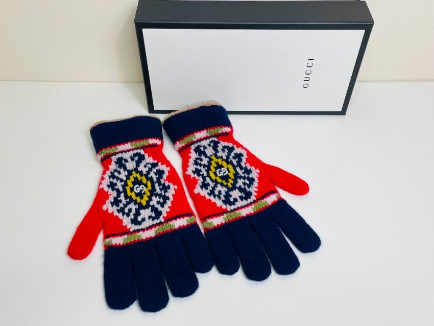 Gucci Fair Isle GG Knit Red & Blue Gloves - Size M