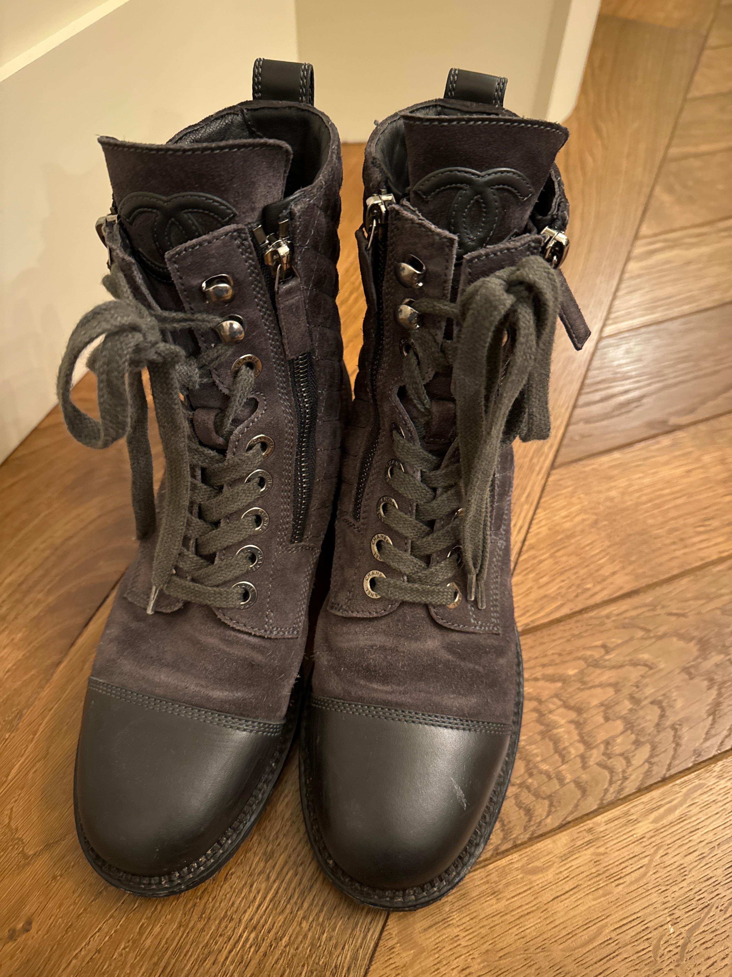Chanel Grey Suede and Leather Combat Boots
