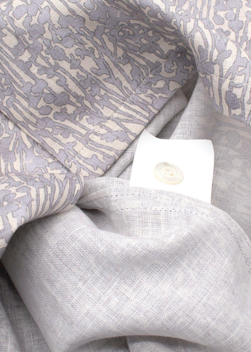 Canali Grey Botanical Pattern Short Sleeve Linen Shirt