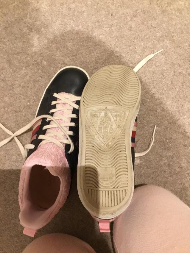 Gucci pink web lace black leather trainers