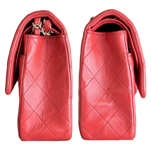 Chanel Red Lambskin Medium Double Flap Bag with Brushed Gold Hardware