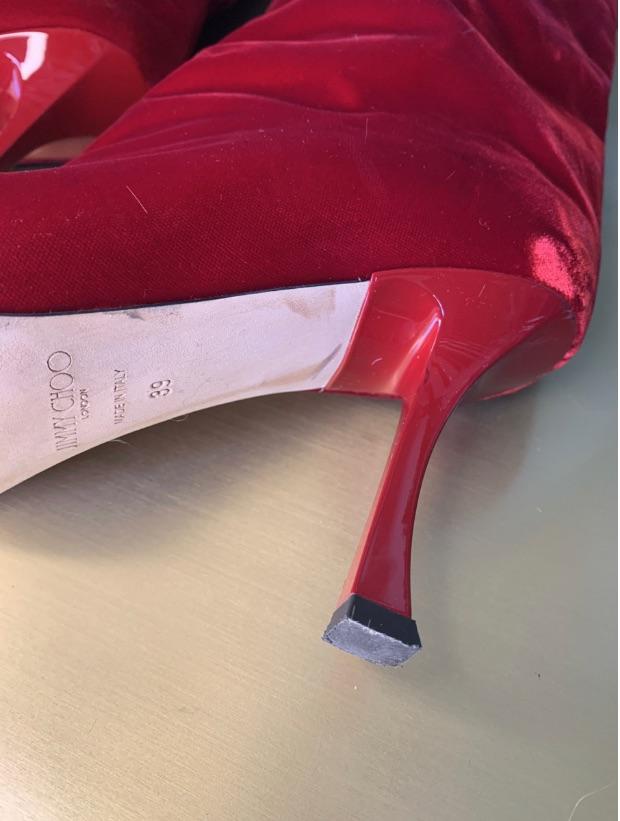 Red velvet long heeled boots