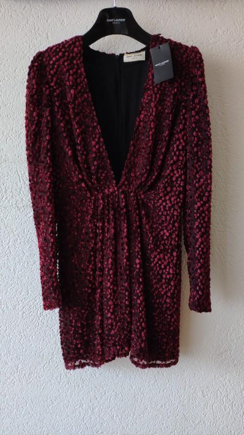 Saint Laurent Red Fil Coupe Plunge Front Silk-Chiffon Dress