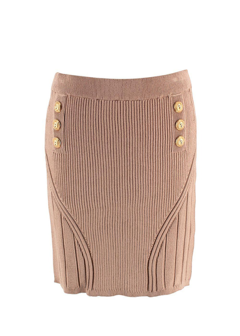 Balmain Camel Ribbed Knit Mini Skirt with Gold Button Detail